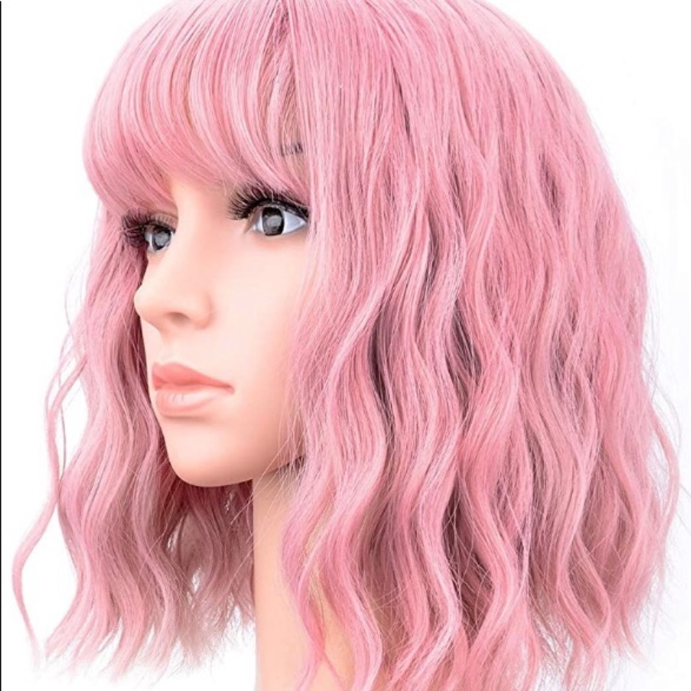 Women’s short bob purple pink wavy wig with bangs